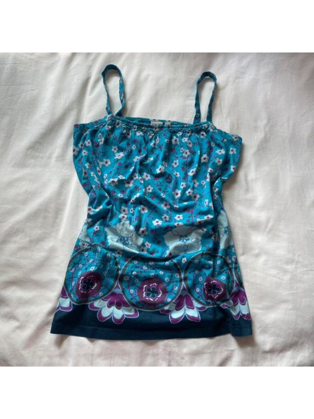 2000s Esprit blue floral and apple print tank top